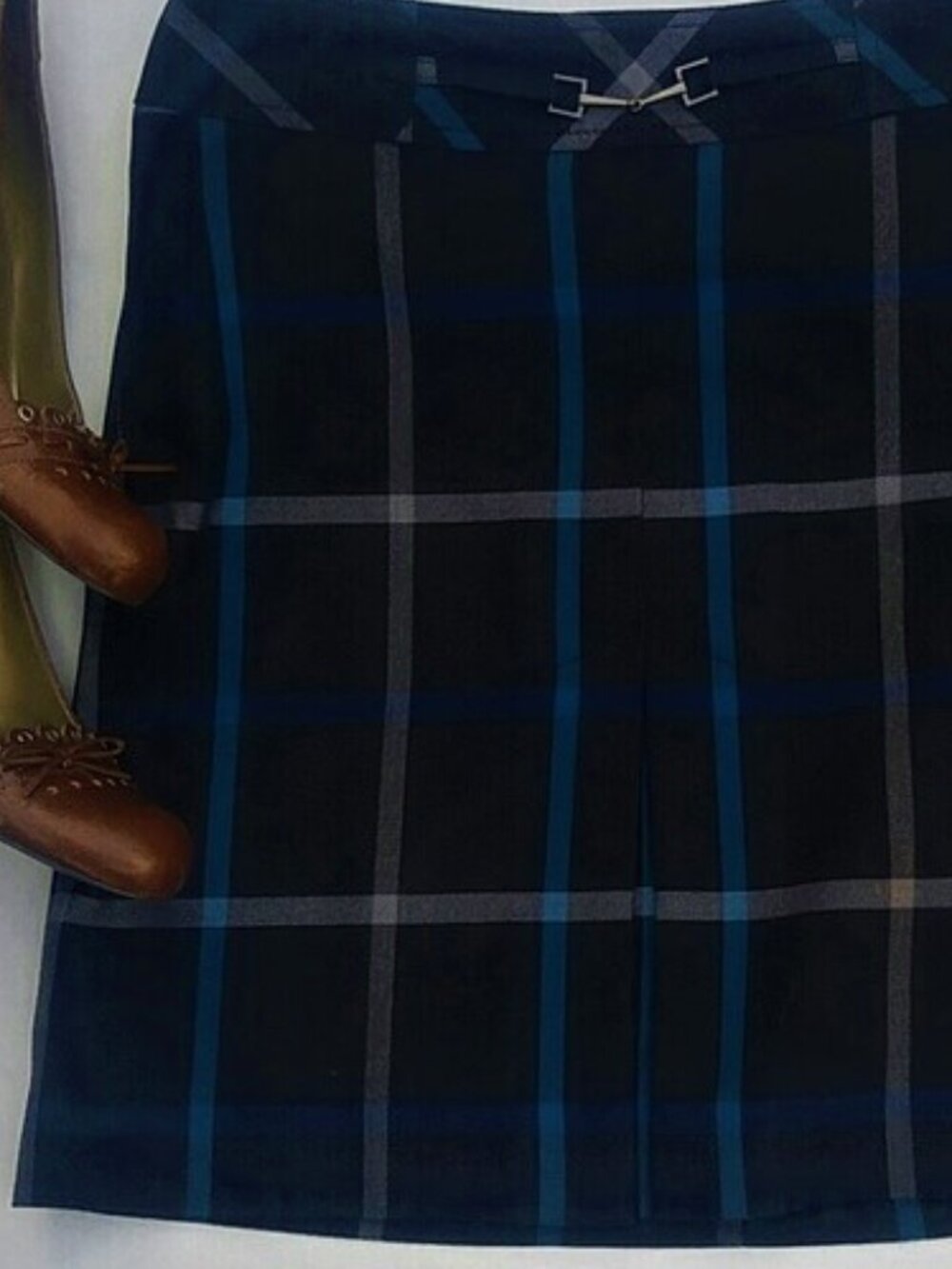 LOFT Ann Taylor SZ O Polyester & Rayon Blend Blue Cream Plaid A-line Plaid Skirt